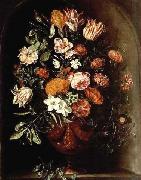 unknow artist A still life with tulips, roses, a red turban cup lily, auricula, jasmin, an iris, carnations and other flowers in a vase, all in a stone niche. painting